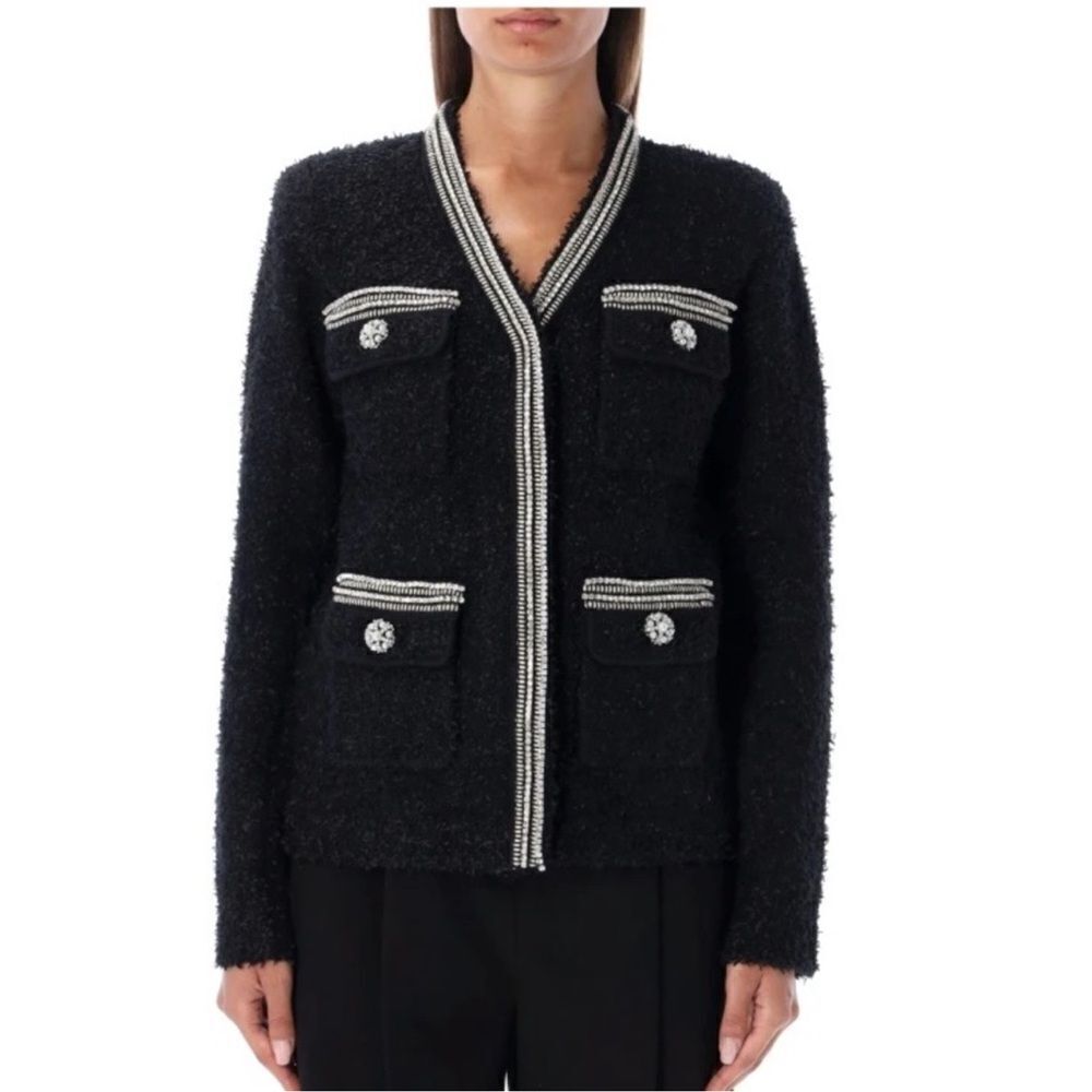 SELF-PORTRAIT Black Tape Knit Crystal-Embellished Bouclé Cardigan